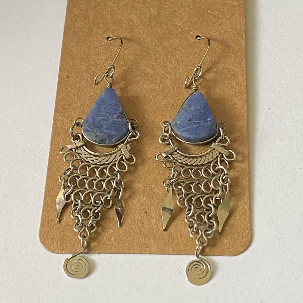 Vintage Alpaca Silver Lapis Stone Long Chandelier Dangle Earrings